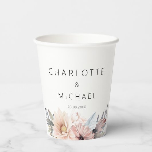 Elegant, wit & pastel Boho bruiloft Papieren Bekers (Achterkant)