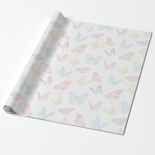 Elegant wit pastel roze blauwe vlinder patroon cadeaupapier (Uitgerold)
