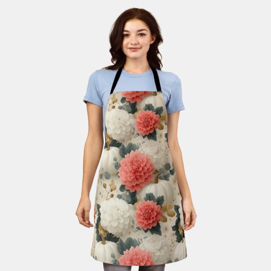 Elegant wit pompoen en Dahlia Herfst ontwerp Schort (Gedragen)