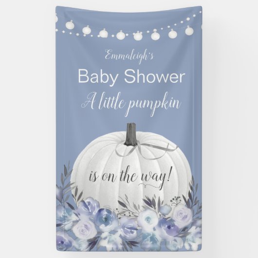 Elegant Wit Pompoen Stoffig Blauw Baby shower Spandoek (Verticaal)