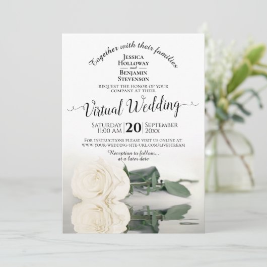 Elegant Wit Reflecterend Roos Virtual Wedding Kaart (Staand voorkant)