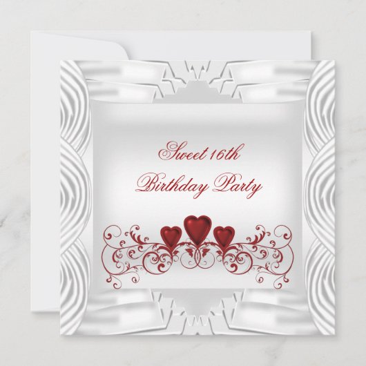 Elegant Wit Rood Hart Sweet 16 Kaart (Voorkant)