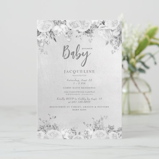 Elegant wit roos bloemig Baby shower Kaart (Staand voorkant)