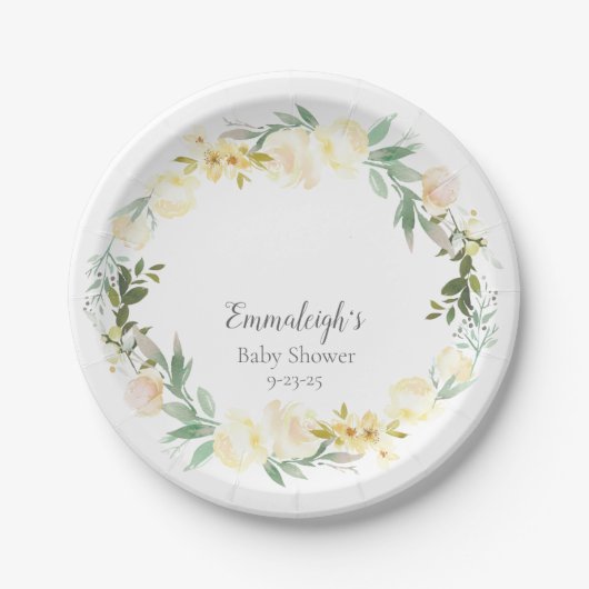 Elegant wit roos bloemig Baby shower Papieren Bordje (Voorkant)