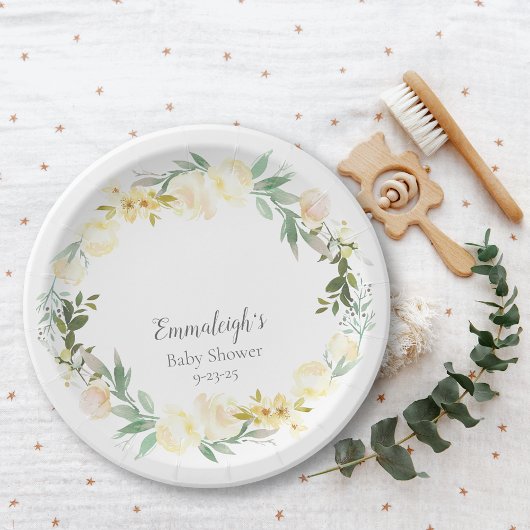 Elegant wit roos bloemig Baby shower Papieren Bordje