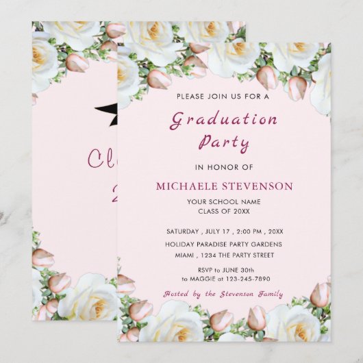 Elegant Wit Rose Afstuderen Invitation Kaart (Voorkant / Achterkant)