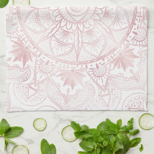 Elegant Wit Rose Goud Oog Zon Maan Mandala Theedoek (Gevouwen)