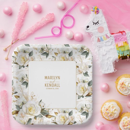 Elegant Wit Rose Goud Romantisch Bloemen Bruiloft Papieren Bordje (Feest)