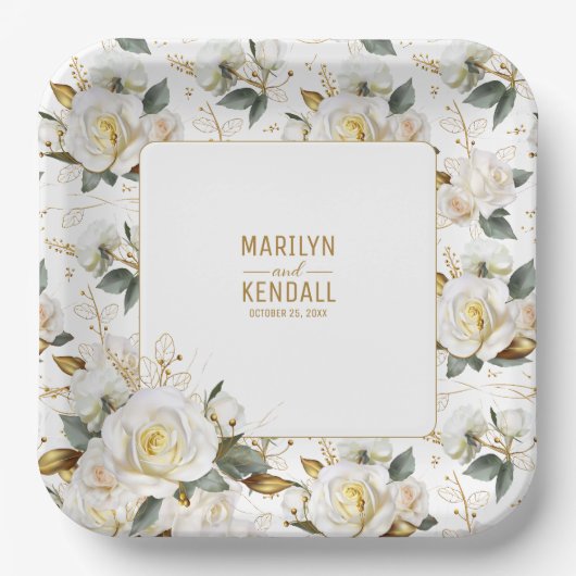 Elegant Wit Rose Goud Romantisch Bloemen Bruiloft Papieren Bordje (Voorkant)