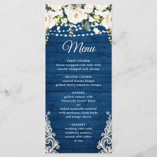Elegant Wit Rose Kant Rustiek Bruiloft Diner Menu (Voorkant)