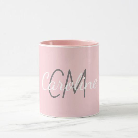 Elegant Wit Roze Aangepaste Monogram Naam Mok (Midden)