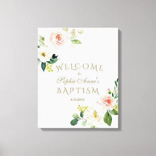 Elegant wit roze bloem welkom doopsel bord canvas afdruk (Voorkant)