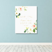 Elegant wit roze bloem welkom doopsel bord canvas afdruk (Insitu (Houten vloer))