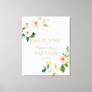 Elegant wit roze bloem welkom doopsel bord canvas afdruk