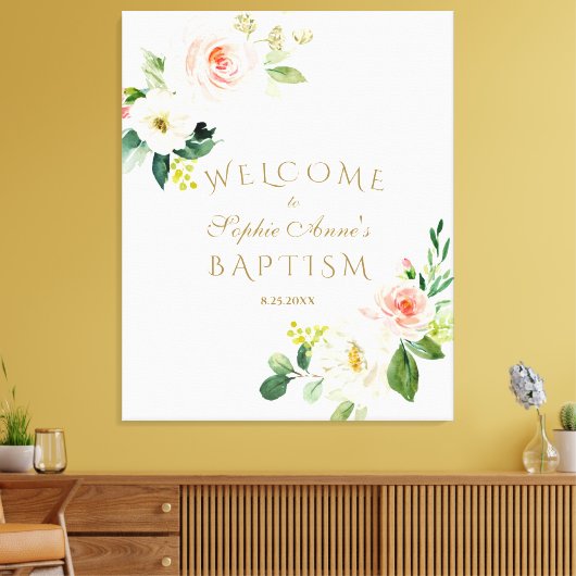 Elegant wit roze bloem welkom doopsel bord canvas afdruk (Insitu (Woonkamer))