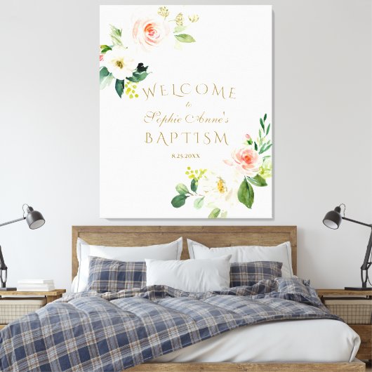 Elegant wit roze bloem welkom doopsel bord canvas afdruk (Insitu (Slaapkamer))