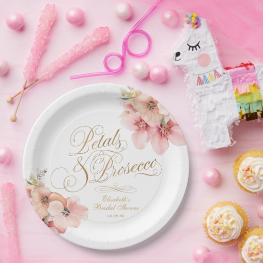 Elegant Wit Roze Goud Bloemenblaadjes & Prosecco Papieren Bordje (Feest)