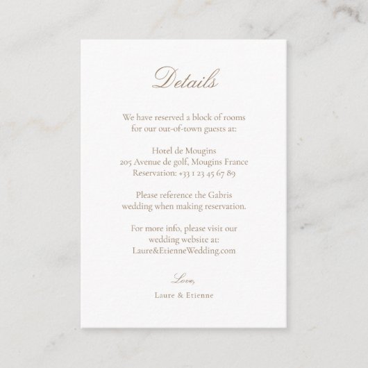 Elegant Wit Roze Goud Bruiloft Hotel Detail Info Informatiekaartje (Voorkant)
