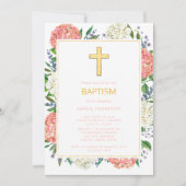 Elegant Wit Roze Hortensia's Goud Kruis Doop Kaart (Voorkant)