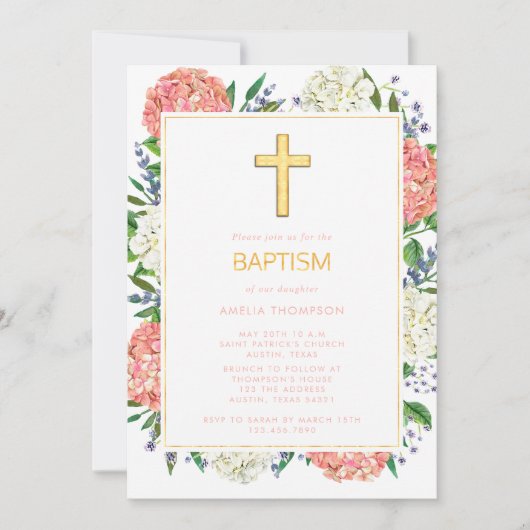 Elegant Wit Roze Hortensia's Goud Kruis Doop Kaart (Voorkant)