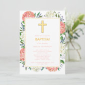 Elegant Wit Roze Hortensia's Goud Kruis Doop Kaart (Staand voorkant)