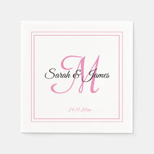 Elegant Wit & Roze Monogram Bruiloft Papier Servet (Voorkant)