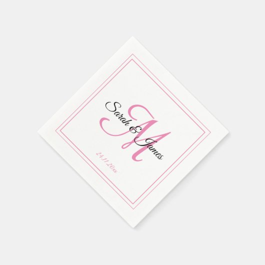 Elegant Wit & Roze Monogram Bruiloft Papier Servet (Hoek)