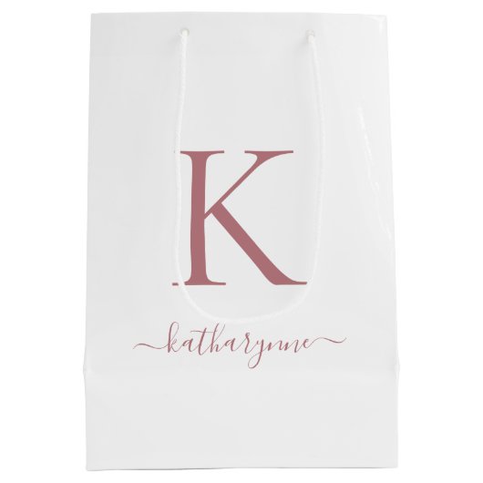 Elegant Wit Roze Rose Goud Monogram Naam Medium Cadeauzakje (Achterkant)