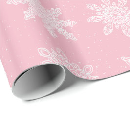 Elegant Wit & Roze Sneeuwvlok Kerstpatroon Cadeaupapier