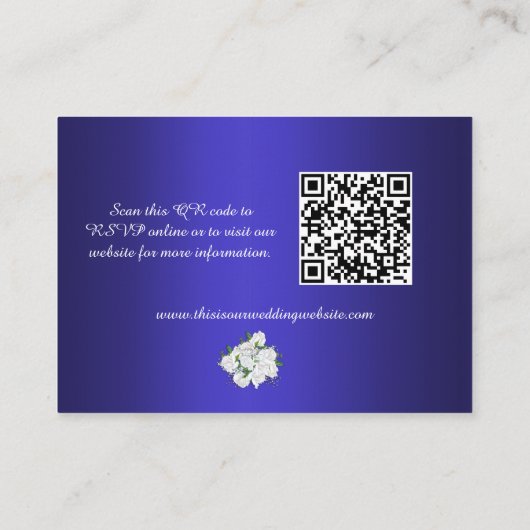 Elegant wit rozenboeket blauwe trouw website informatiekaartje (Achterkant)