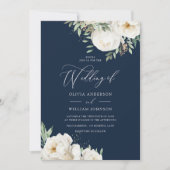 Elegant Wit & Salie Bloemen Navy Bruiloft Kaart (Voorkant)