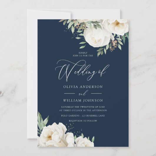 Elegant Wit & Salie Bloemen Navy Bruiloft Kaart (Voorkant)