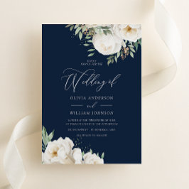 Elegant Wit & Salie Bloemen Navy Bruiloft Kaart