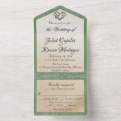 Elegant Wit, Salie Groen Lint, Sparkle & Hart All In One Uitnodiging (Binnen)