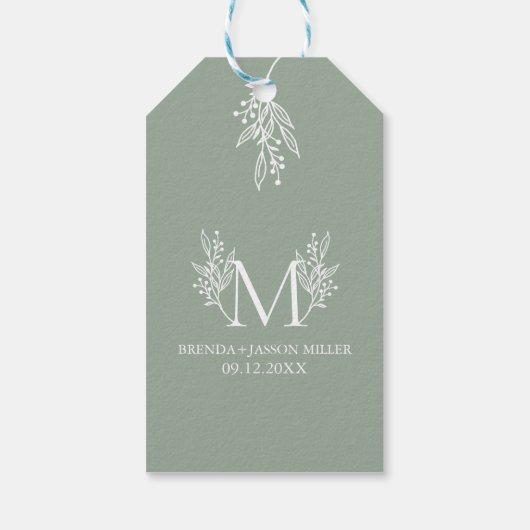 Elegant wit salie-groen monogram pasgetrouwd cadeaulabel (Achterkant)