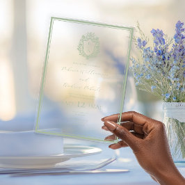 Elegant Wit & Salie Groen Wapen Initiaal Huwelijk Acryl Uitnodigingen