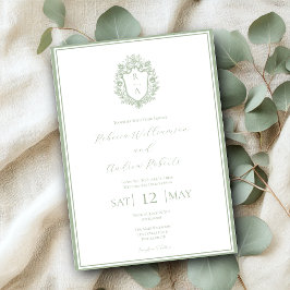 Elegant Wit & Salie Groen Wapen Initiaal Huwelijk Kaart