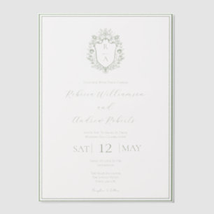 Elegant Wit & Salie Groen Wapen Initiaal Huwelijk  Vellum Uitnodigingen