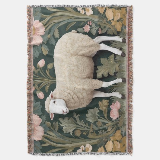 Elegant wit schaap William Morris geïnspireerd Deken (Voorkant Verticaal)