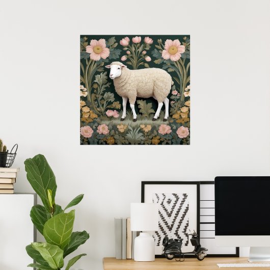 Elegant wit schaap William Morris geïnspireerd Poster (Thuiskantoor)