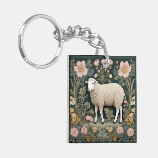 Elegant wit schaap William Morris geïnspireerd Sleutelhanger (Voorkant Links)