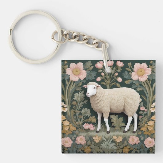 Elegant wit schaap William Morris geïnspireerd Sleutelhanger (Voorkant)