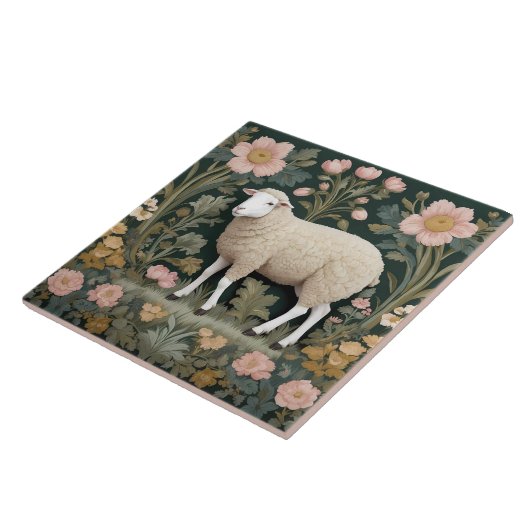 Elegant wit schaap William Morris geïnspireerd Tegeltje (Zijkant)