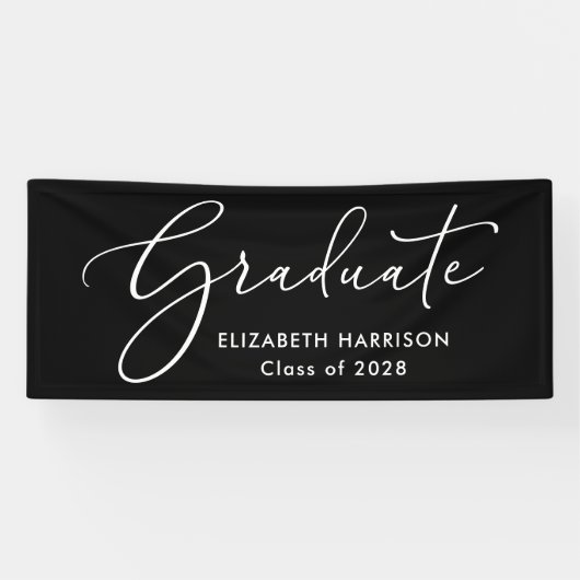 Elegant Wit Schrift Zwarte Afstuderen Spandoek (Horizontaal)