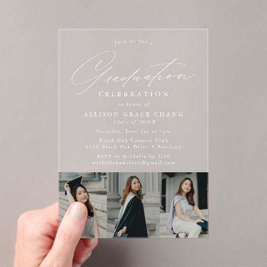 Elegant wit script 3 fotoafstudeerfeest acryl uitnodigingen (Insitu (Draagbaar))