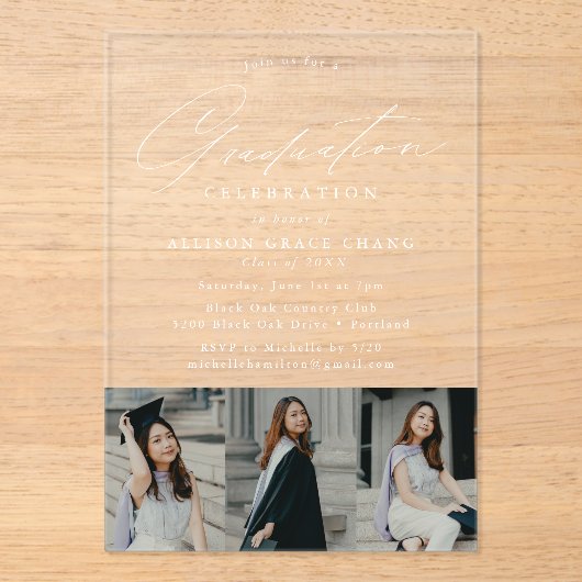 Elegant wit script 3 fotoafstudeerfeest acryl uitnodigingen (Voorkant)