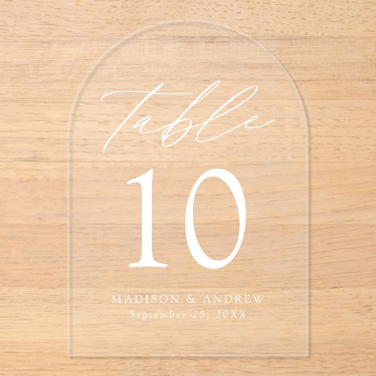 Elegant wit script acryl boog tabel nummer acryl uitnodigingen (Voorkant)