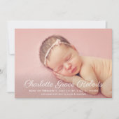 Elegant Wit Script Baby Meisje Foto Blush Geboorte Aankondiging (Voorkant)