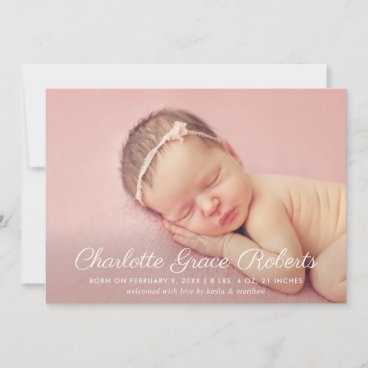 Elegant Wit Script Baby Meisje Foto Blush Geboorte Aankondiging (Voorkant)