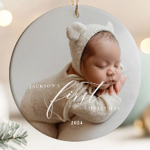 Elegant wit script baby's eerste kerstfoto